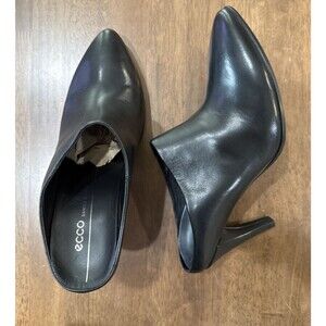 Ecco Black Leather Pointed Toe Mule Heels 3.5" Slip On Minimalist Chic Size 7 38